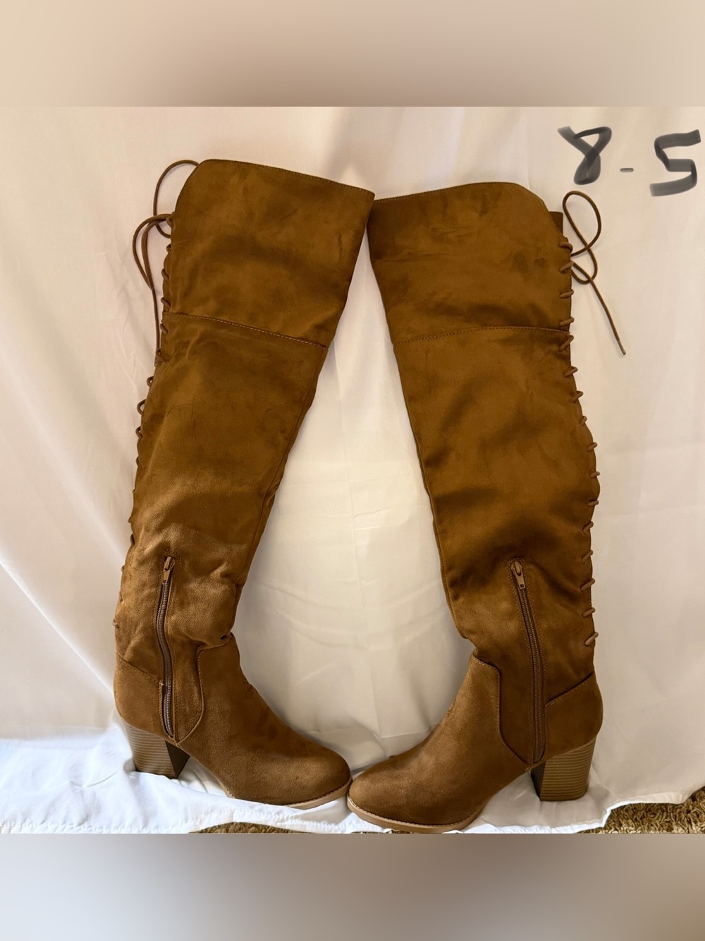 Soda Tan Suede-Look Over-the-Knee Lace-Up Block Heel Boots